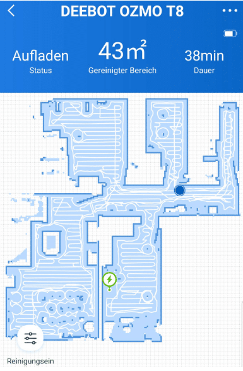 Darstellung einer Karte, auf der zu sehen ist, wie lückenlos der Saugroboter die Wohnung abgefahren und gereinigt hat